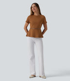 Round Neck Short Sleeve Work Peplum Top — Glazed Ginger — view 5