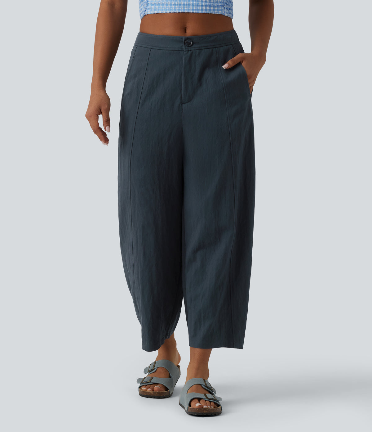 Mid Rise Casual Barrel Leg Trousers with Pockets — Dark Grey — view 1