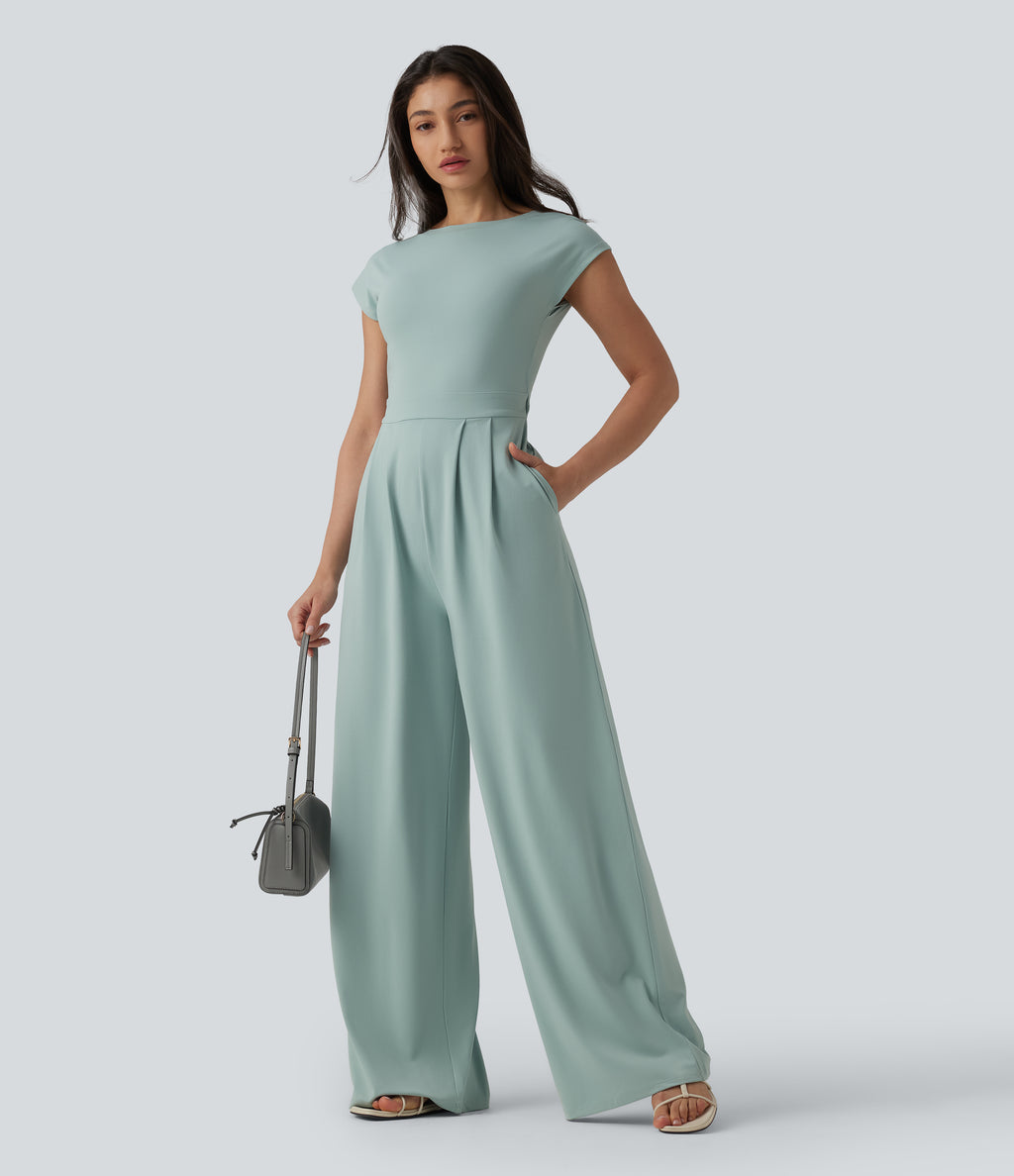 Twisted Backless Built-in Bra Casual Jumpsuit with Pockets — Blue Haze — view 7
