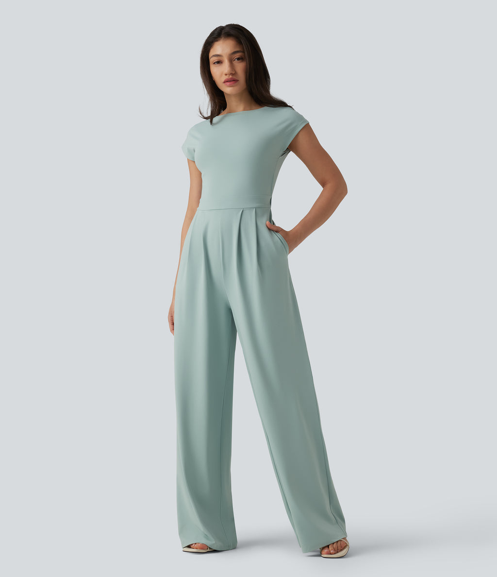 Twisted Backless Built-in Bra Casual Jumpsuit with Pockets — Blue Haze — view 2