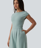 Twisted Backless Built-in Bra Casual Jumpsuit with Pockets — Blue Haze — view 6