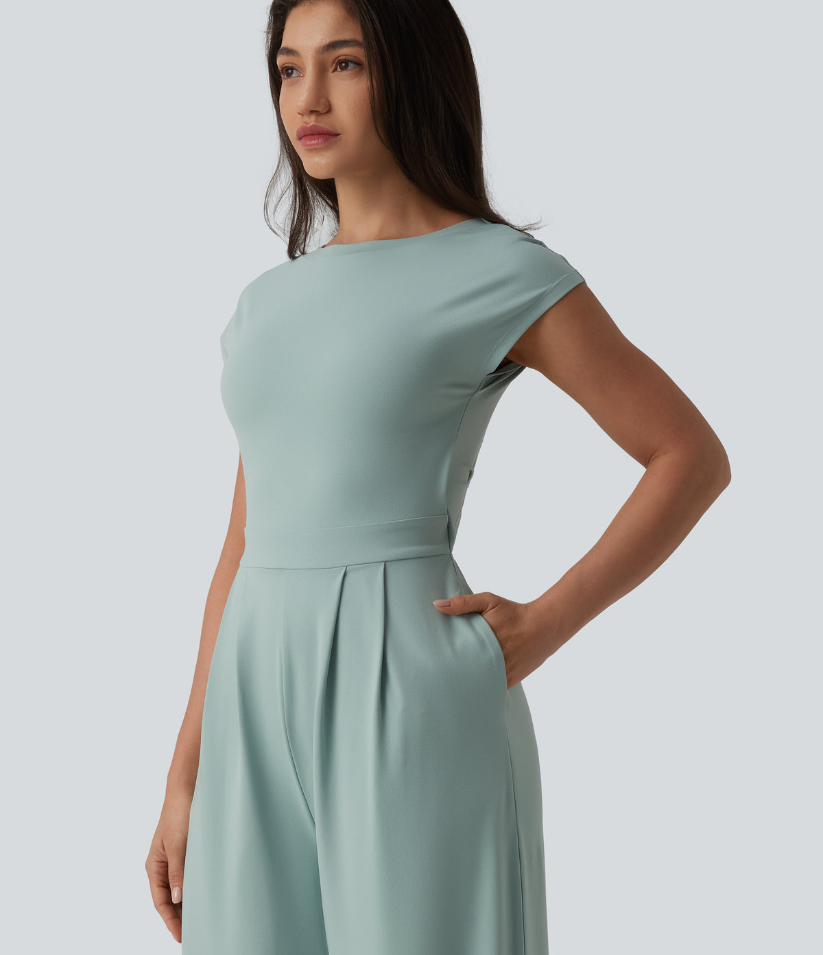 Twisted Backless Built-in Bra Casual Jumpsuit with Pockets — Blue Haze — view 6