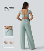 Twisted Backless Built-in Bra Casual Jumpsuit with Pockets — Blue Haze — view 1