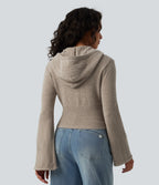 Hooded Flounce Sleeve Zip Fly Casual Cardigan — Hay Brown — view 2