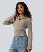 Hooded Flounce Sleeve Zip Fly Casual Cardigan — Hay Brown — view 3