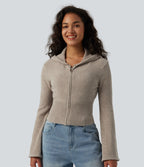 Hooded Flounce Sleeve Zip Fly Casual Cardigan — Hay Brown — view 4
