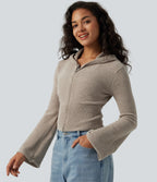 Hooded Flounce Sleeve Zip Fly Casual Cardigan — Hay Brown — view 1