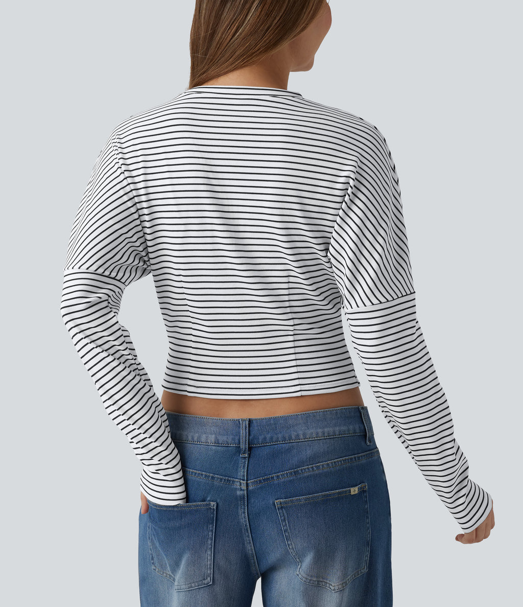 Ribbed Knit Round Neck Long Sleeve Stripes Casual Top — Light Line — view 5