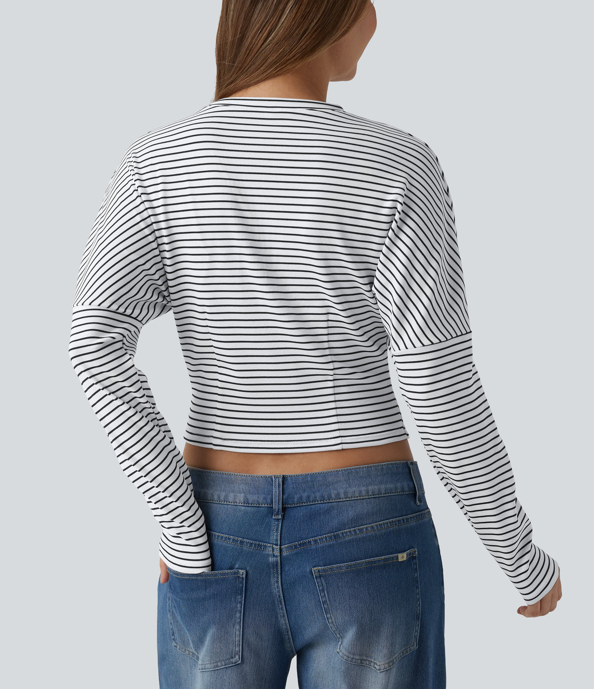 Ribbed Knit Round Neck Long Sleeve Stripes Casual Top — Light Line — view 5