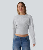 Ribbed Knit Round Neck Long Sleeve Stripes Casual Top — Light Line — view 1