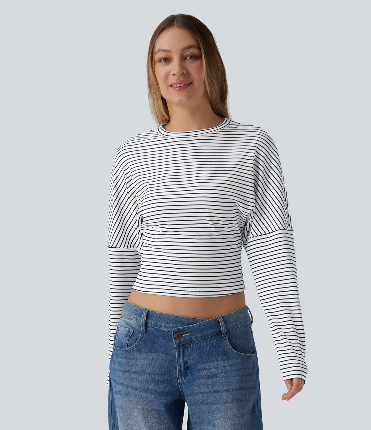 Ribbed Knit Round Neck Long Sleeve Stripes Casual Top — Light Line — view 1