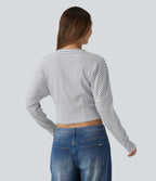Ribbed Knit Round Neck Long Sleeve Stripes Casual Top — Light Line — view 2