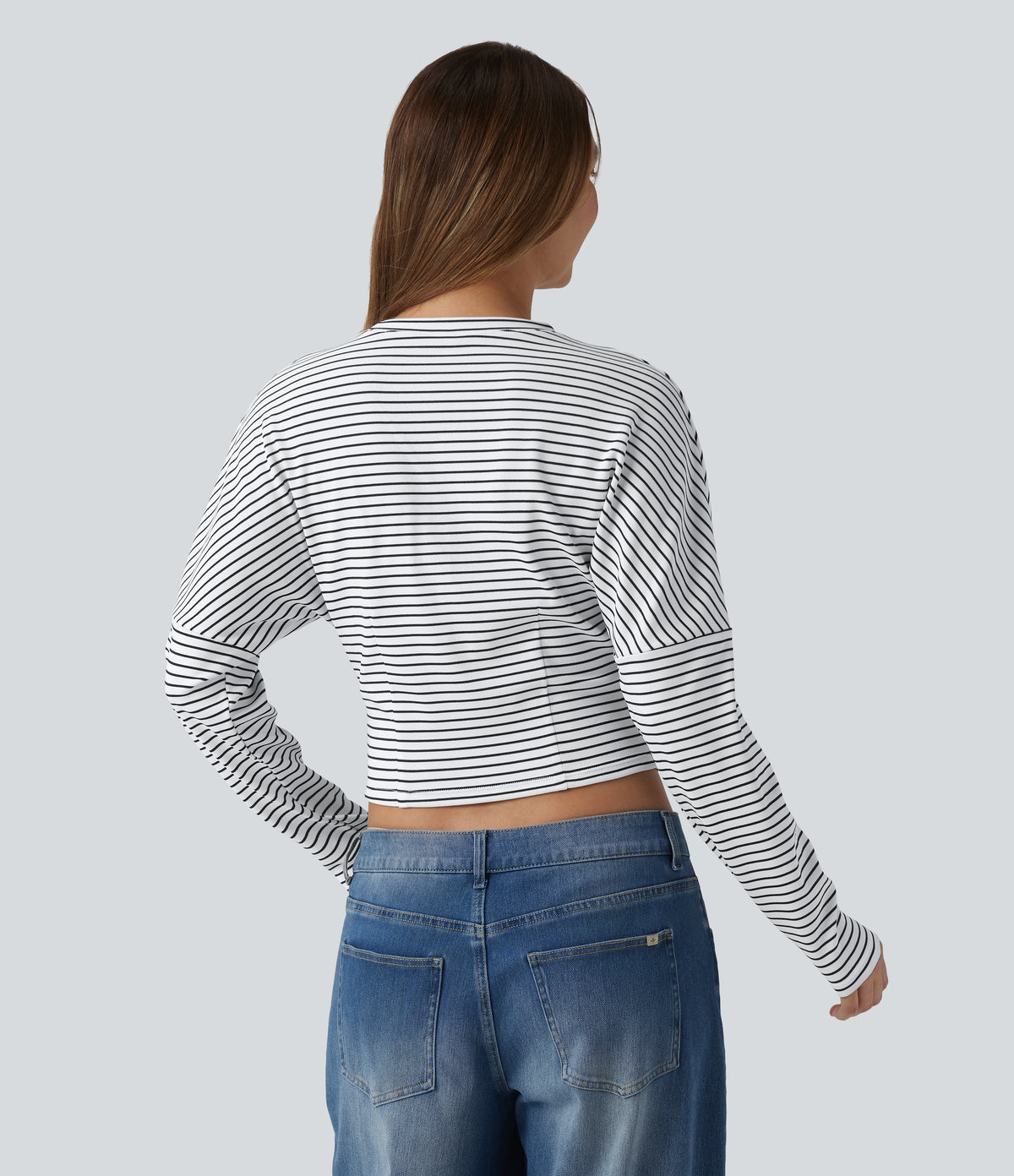 Ribbed Knit Round Neck Long Sleeve Stripes Casual Top — Light Line — view 2
