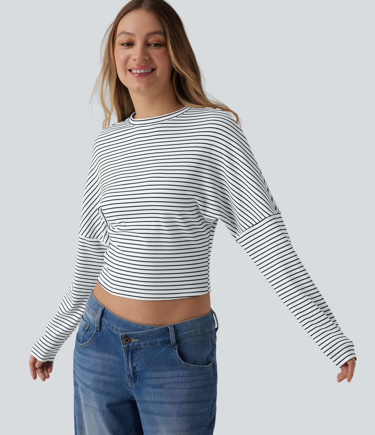 Ribbed Knit Round Neck Long Sleeve Stripes Casual Top — Light Line — view 4