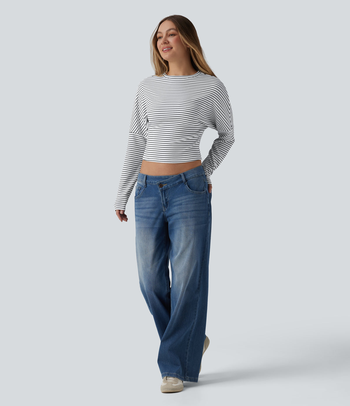Ribbed Knit Round Neck Long Sleeve Stripes Casual Top — Light Line — view 6