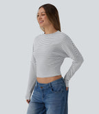 Ribbed Knit Round Neck Long Sleeve Stripes Casual Top — Light Line — view 3