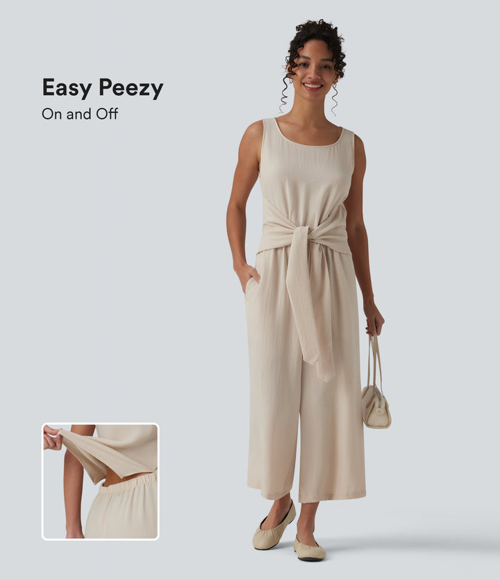 Scoop Neck Sleeveless Tie-front Casual Linen-Feel Jumpsuit with Pockets — French Oak — view 1