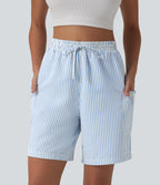 High Waisted Drawstring Stripes Resort Baggy Shorts with Pockets — Airy Stripe — view 1