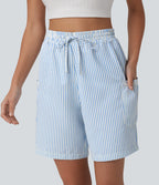 High Waisted Drawstring Stripes Resort Baggy Shorts with Pockets — Airy Stripe — view 4