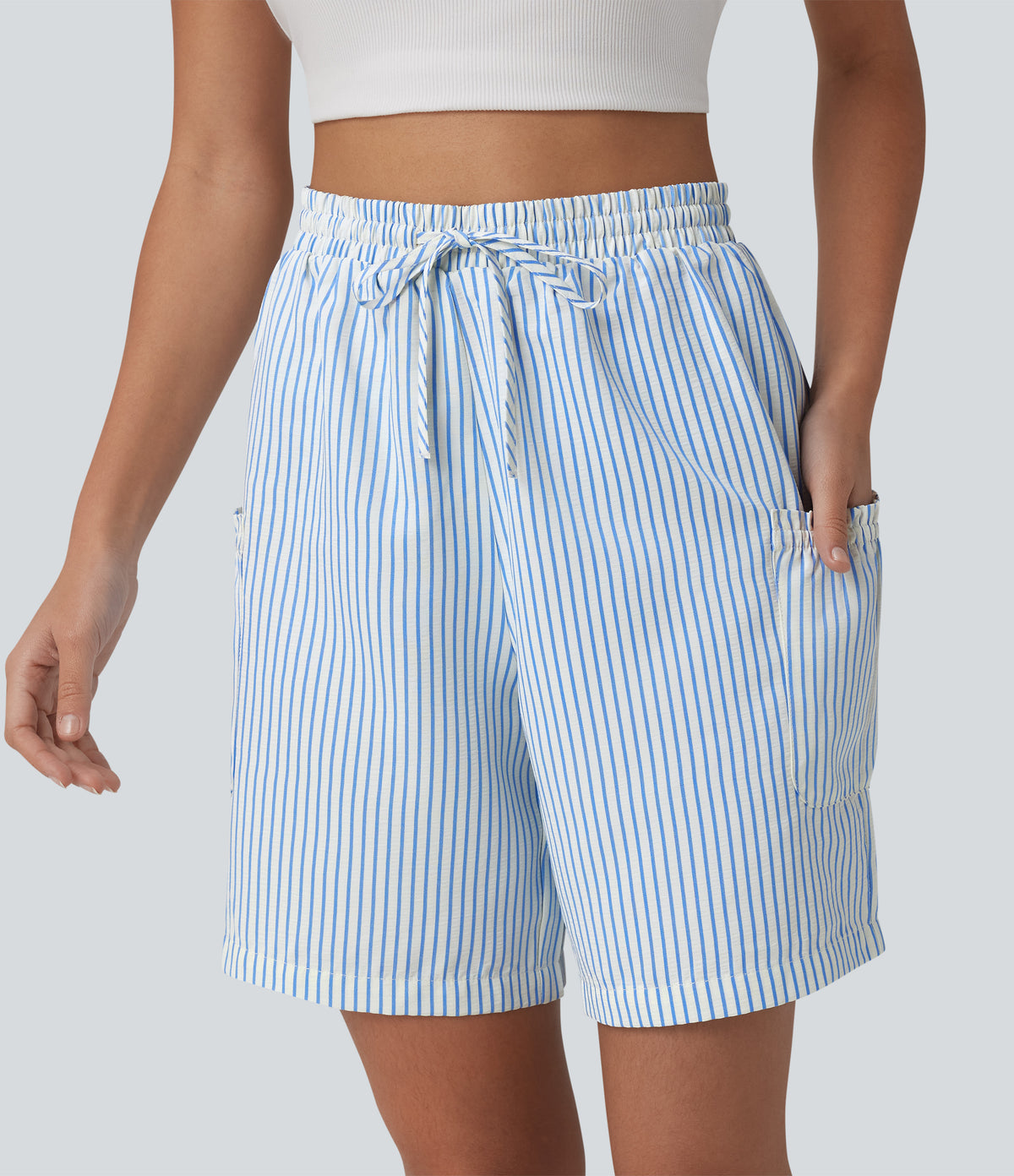 High Waisted Drawstring Stripes Resort Baggy Shorts with Pockets — Airy Stripe — view 4