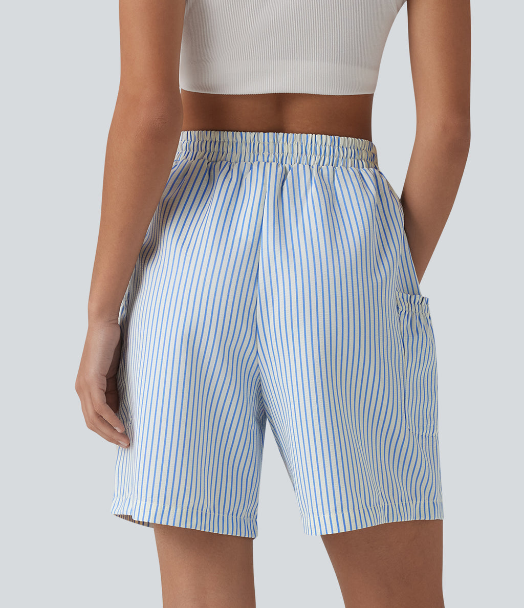 High Waisted Drawstring Stripes Resort Baggy Shorts with Pockets — Airy Stripe — view 2