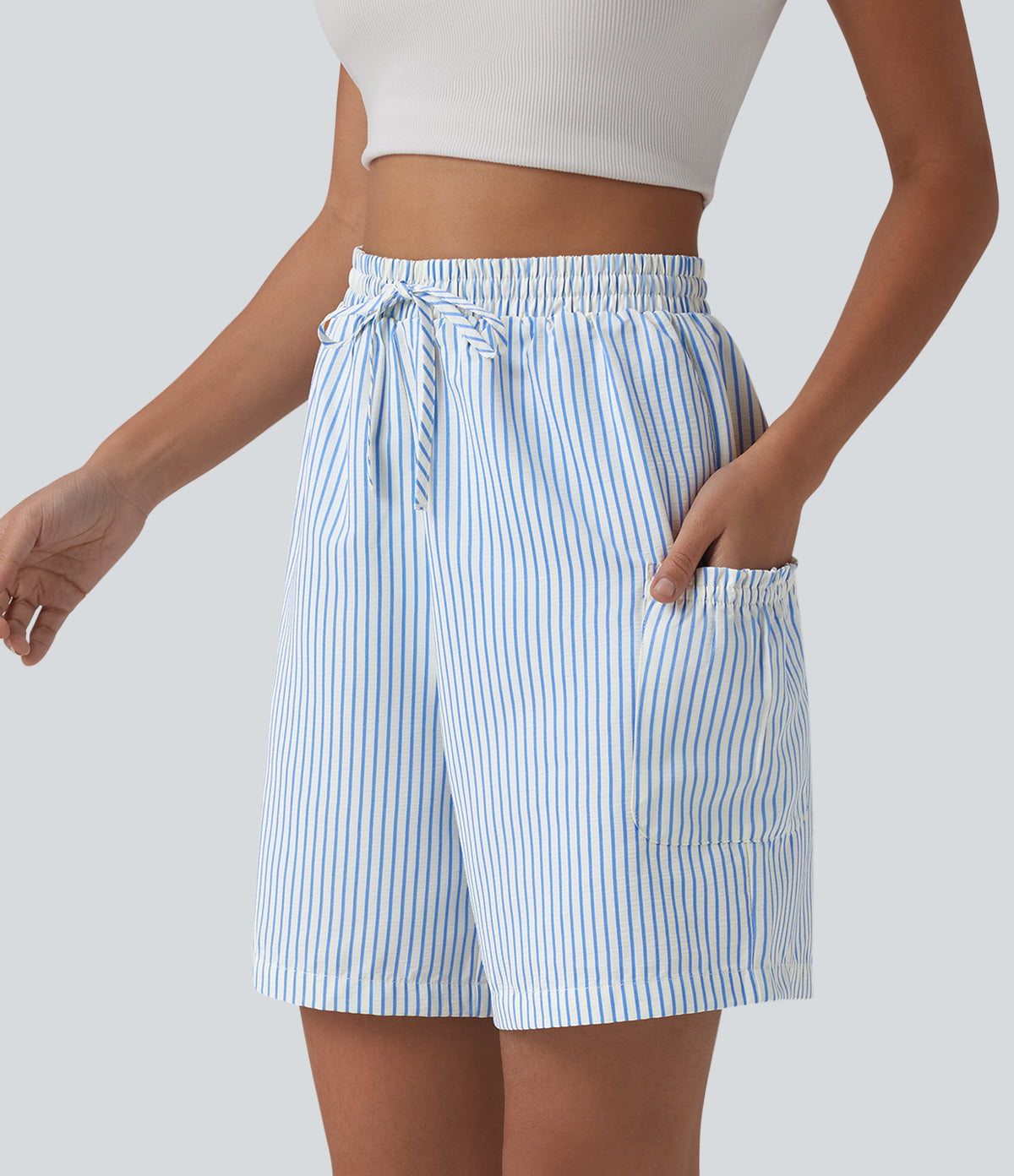 High Waisted Drawstring Stripes Resort Baggy Shorts with Pockets — Airy Stripe — view 3