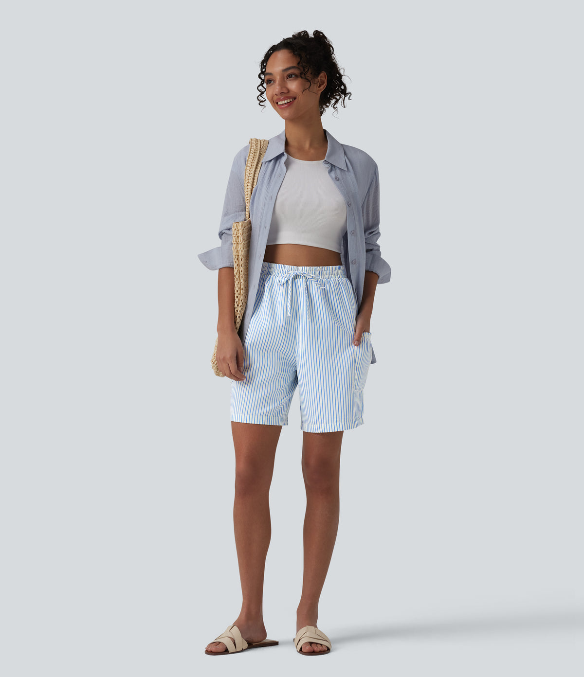 High Waisted Drawstring Stripes Resort Baggy Shorts with Pockets — Airy Stripe — view 5