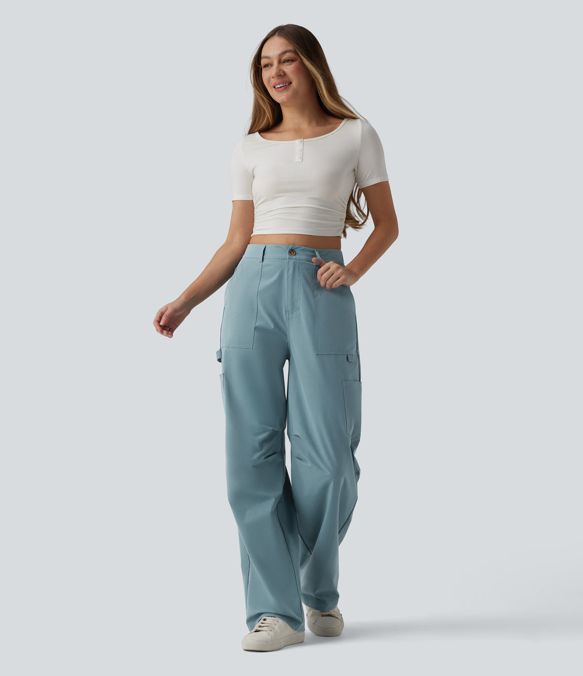High Waisted Straight Leg Stretchy Poplin Casual Cargo Trousers with Pockets — Stone Blue — view 7
