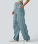High Waisted Straight Leg Stretchy Poplin Casual Cargo Trousers with Pockets — Stone Blue — view 3