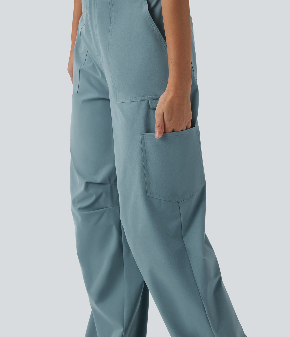 High Waisted Straight Leg Stretchy Poplin Casual Cargo Trousers with Pockets — Stone Blue — view 6