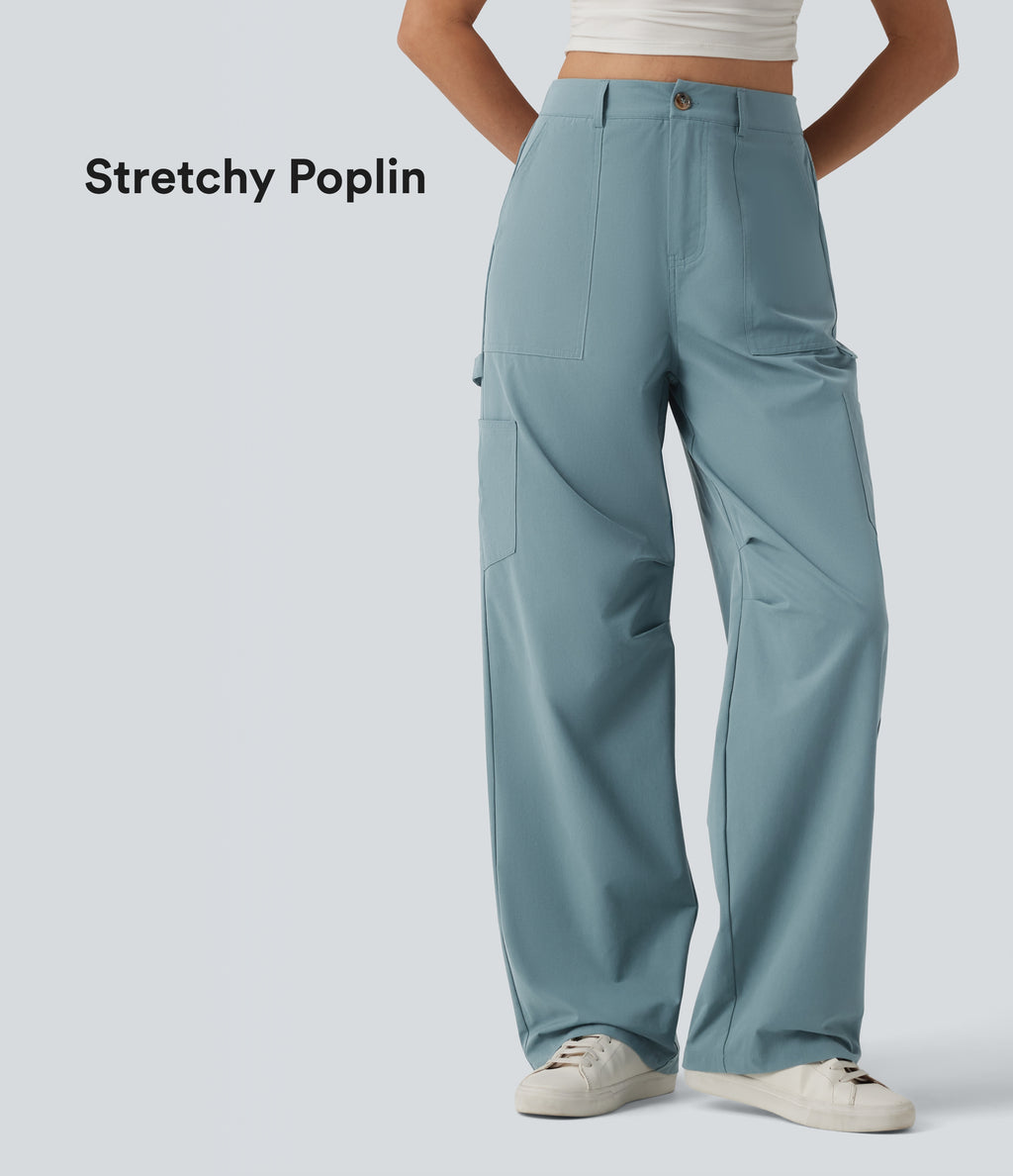 High Waisted Straight Leg Stretchy Poplin Casual Cargo Trousers with Pockets — Stone Blue — view 1