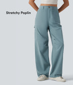 High Waisted Straight Leg Stretchy Poplin Casual Cargo Trousers with Pockets — Stone Blue — view 1