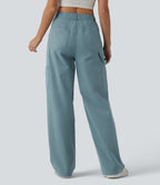 High Waisted Straight Leg Stretchy Poplin Casual Cargo Trousers with Pockets — Stone Blue — view 2