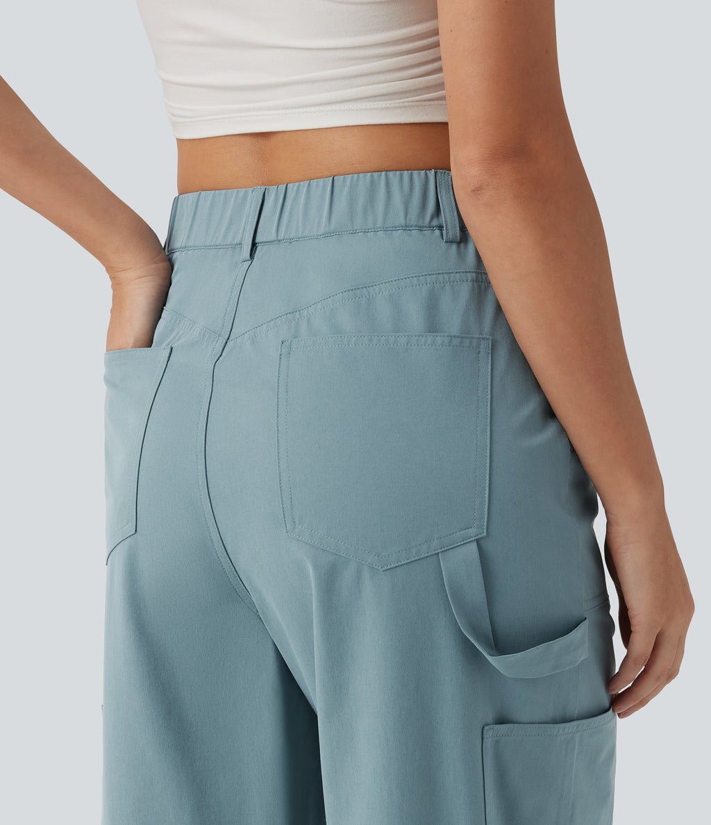 High Waisted Straight Leg Stretchy Poplin Casual Cargo Trousers with Pockets — Stone Blue — view 5