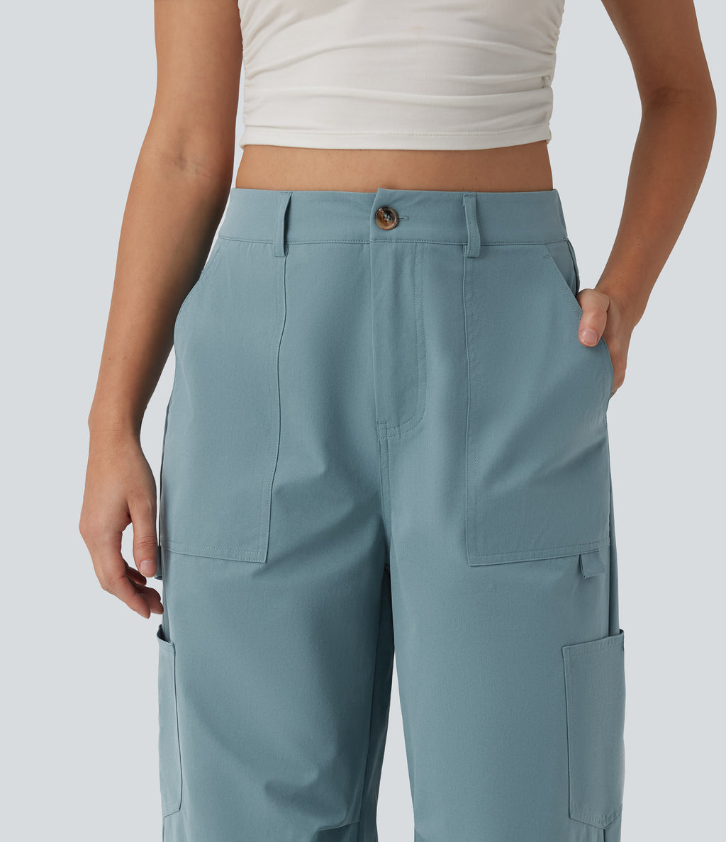High Waisted Straight Leg Stretchy Poplin Casual Cargo Trousers with Pockets — Stone Blue — view 4