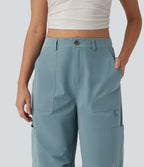 High Waisted Straight Leg Stretchy Poplin Casual Cargo Trousers with Pockets — Stone Blue — view 4