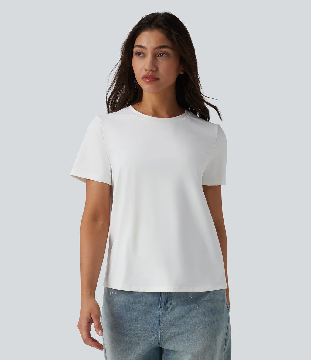Round Neck Short Sleeve Casual T-Shirt-UPF40+ — White — view 3