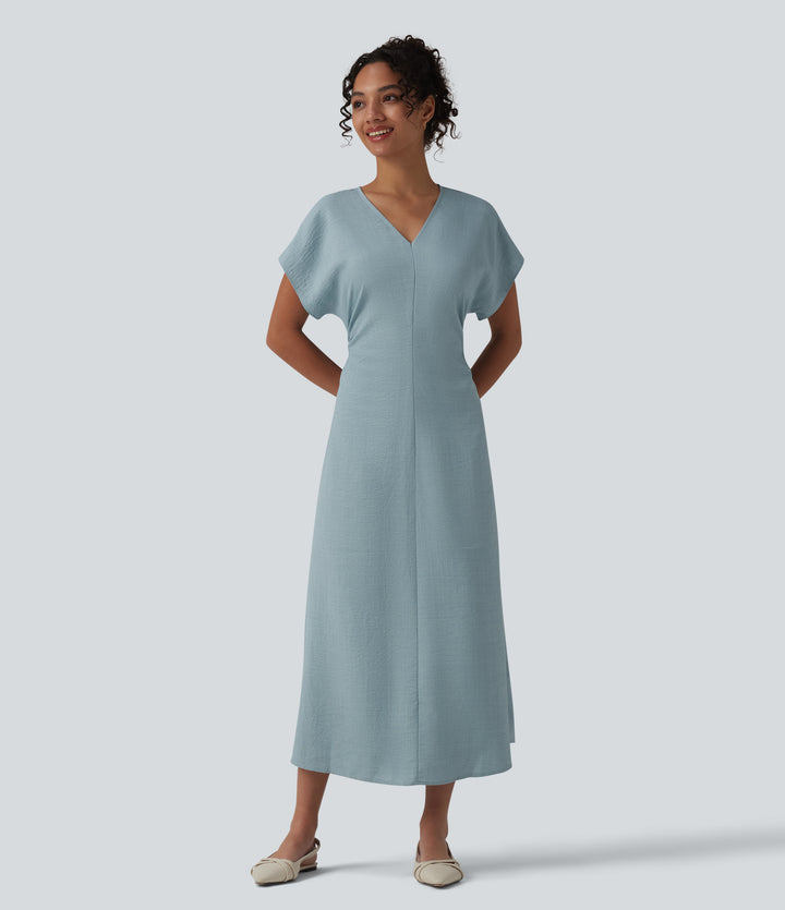V-neck Short Sleeve Invisible Zipper Ruched Maxi A-line Work Dress — Dusty Cyan Blue — view 1