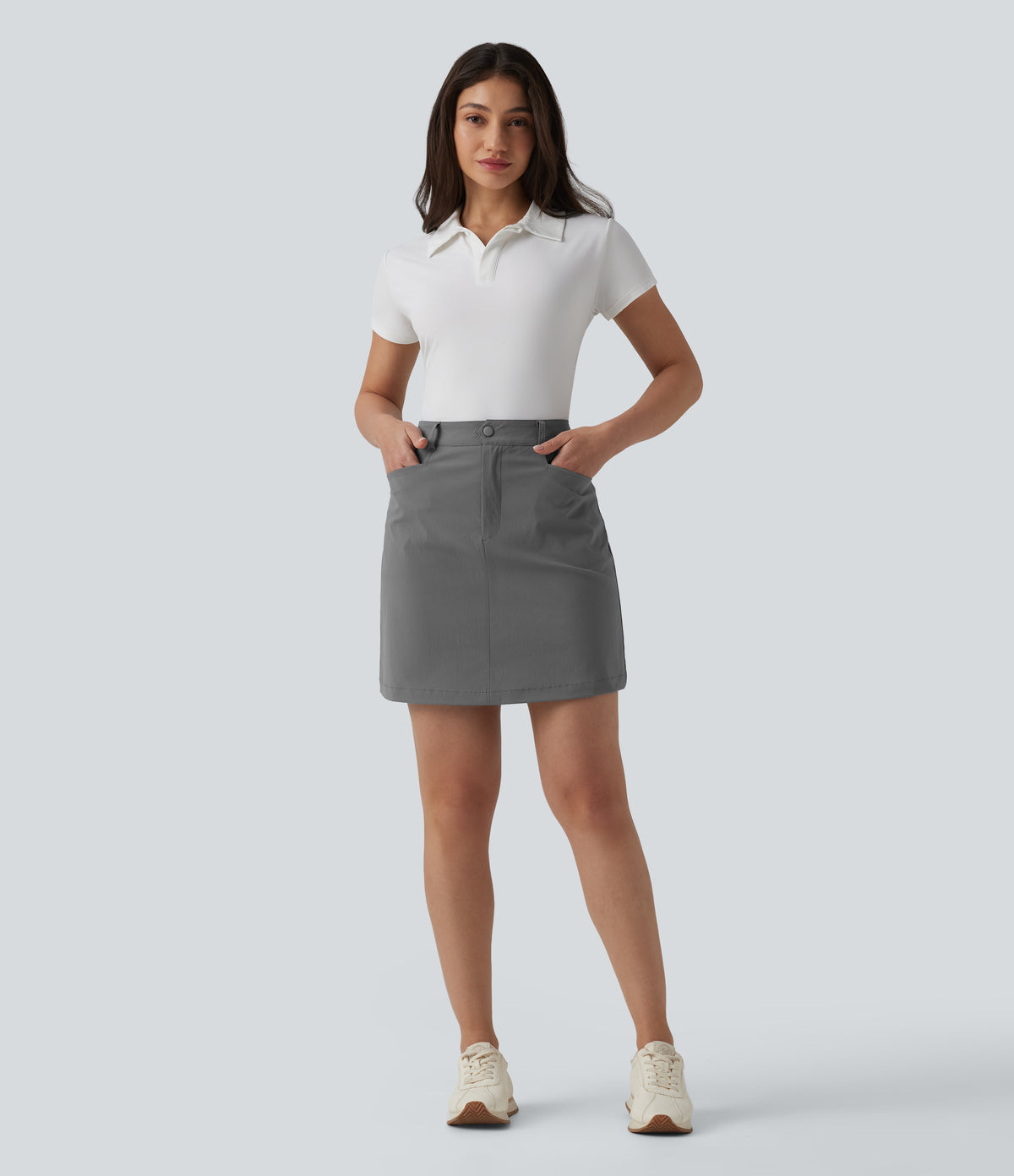 High Waisted A Line Mini Golf Skirt with Pockets-Longer Length — Steel Gray — view 7