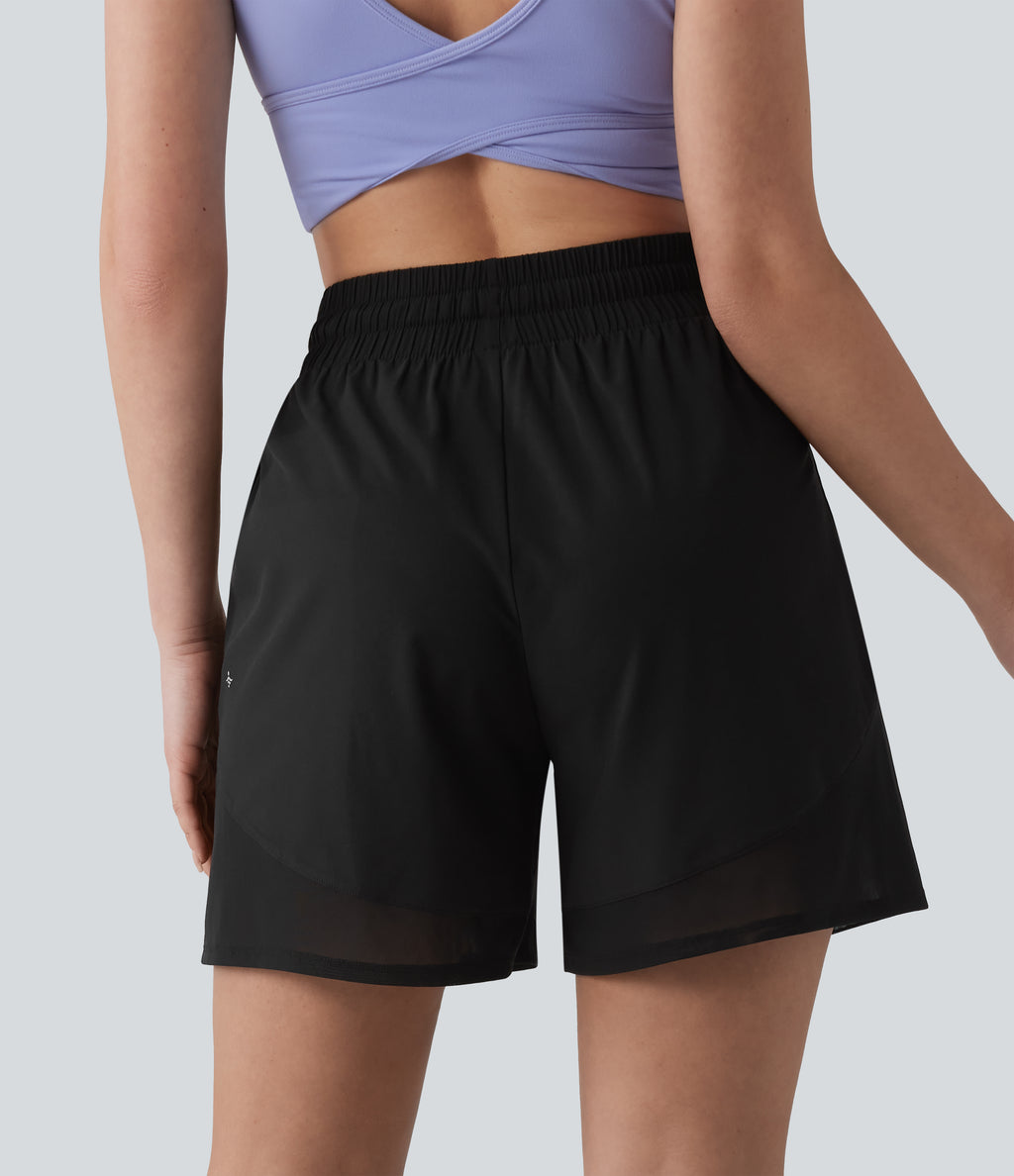High Waisted Drawstring Contrast Mesh Quick Dry Yoga Baggy Shorts 5'' with Pockets — Black — view 2