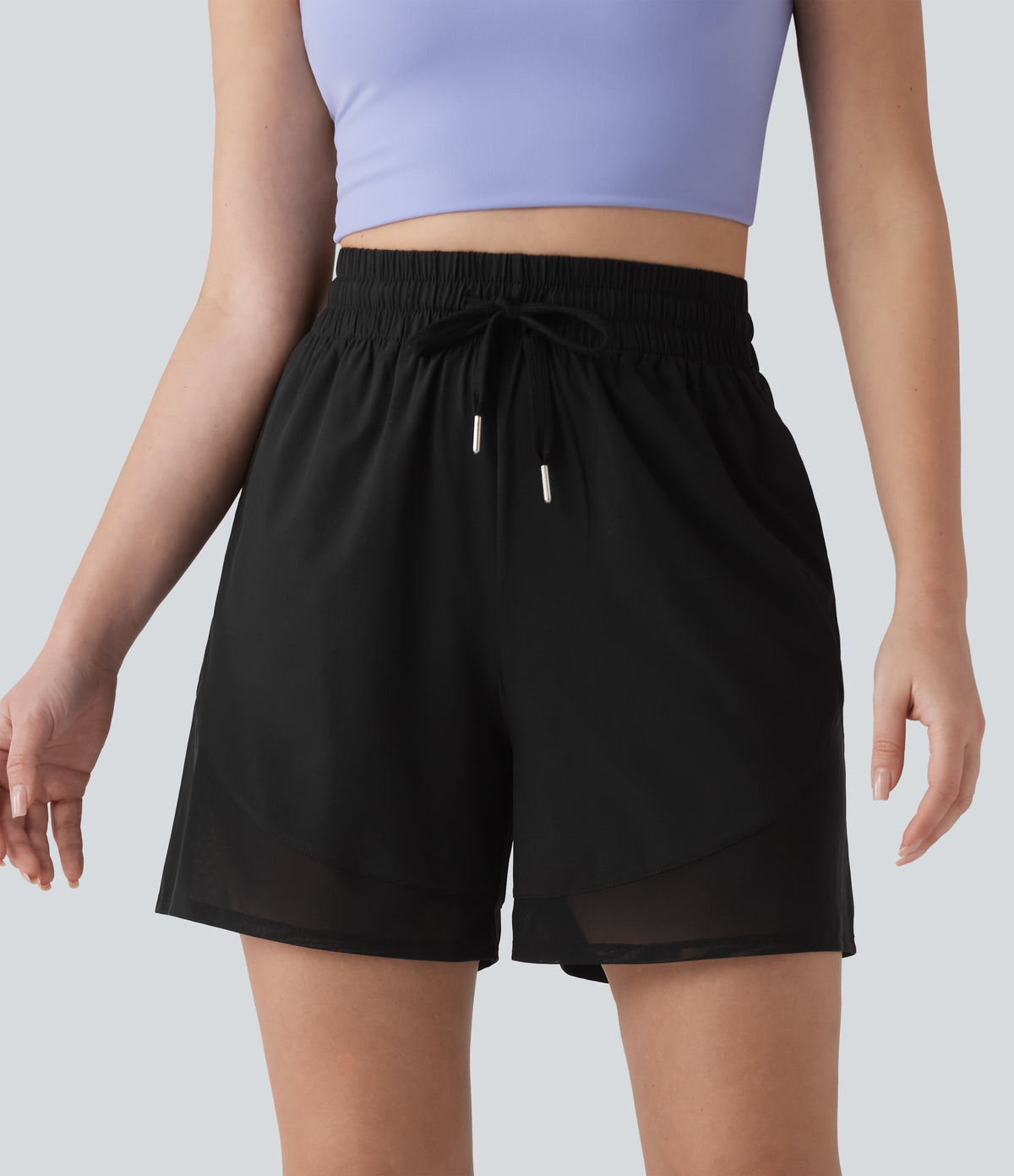High Waisted Drawstring Contrast Mesh Quick Dry Yoga Baggy Shorts 5'' with Pockets — Black — view 5
