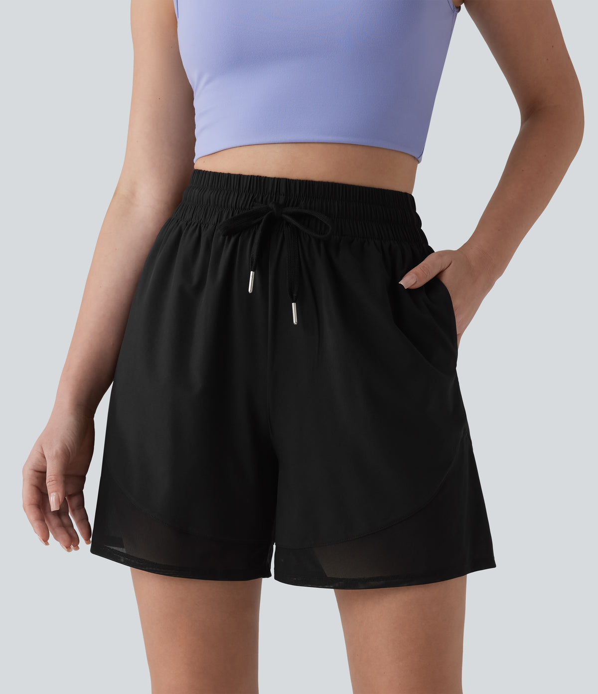 High Waisted Drawstring Contrast Mesh Quick Dry Yoga Baggy Shorts 5'' with Pockets — Black — view 1