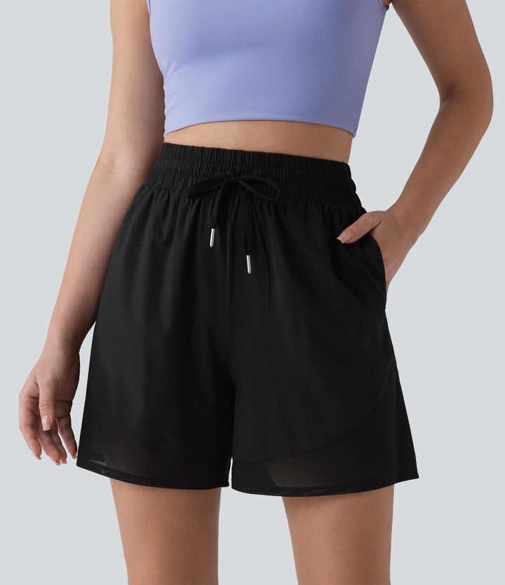 High Waisted Drawstring Contrast Mesh Quick Dry Yoga Baggy Shorts 5'' with Pockets — Black — view 1