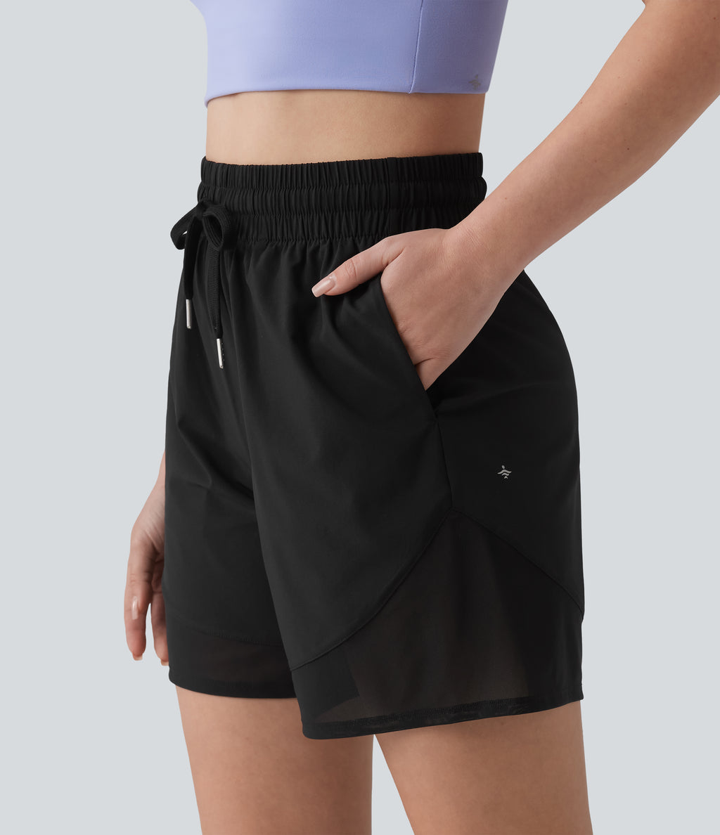 High Waisted Drawstring Contrast Mesh Quick Dry Yoga Baggy Shorts 5'' with Pockets — Black — view 4
