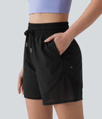 High Waisted Drawstring Contrast Mesh Quick Dry Yoga Baggy Shorts 5'' with Pockets — Black — view 4