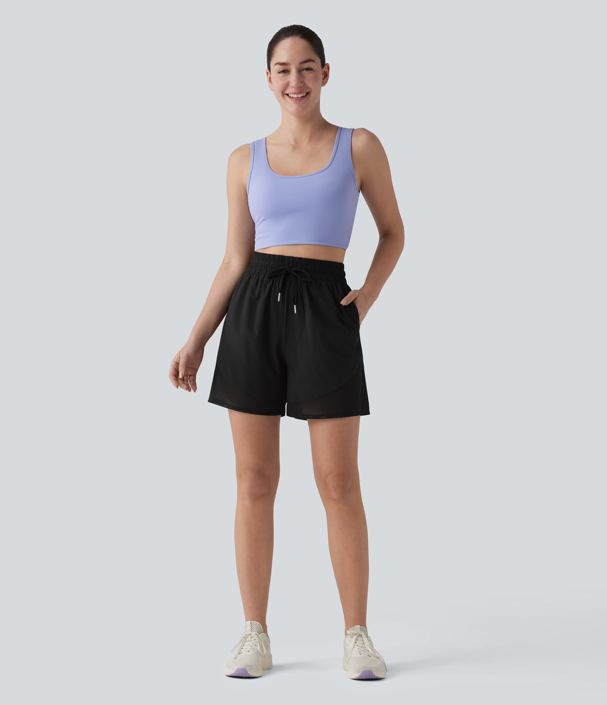 High Waisted Drawstring Contrast Mesh Quick Dry Yoga Baggy Shorts 5'' with Pockets — Black — view 6
