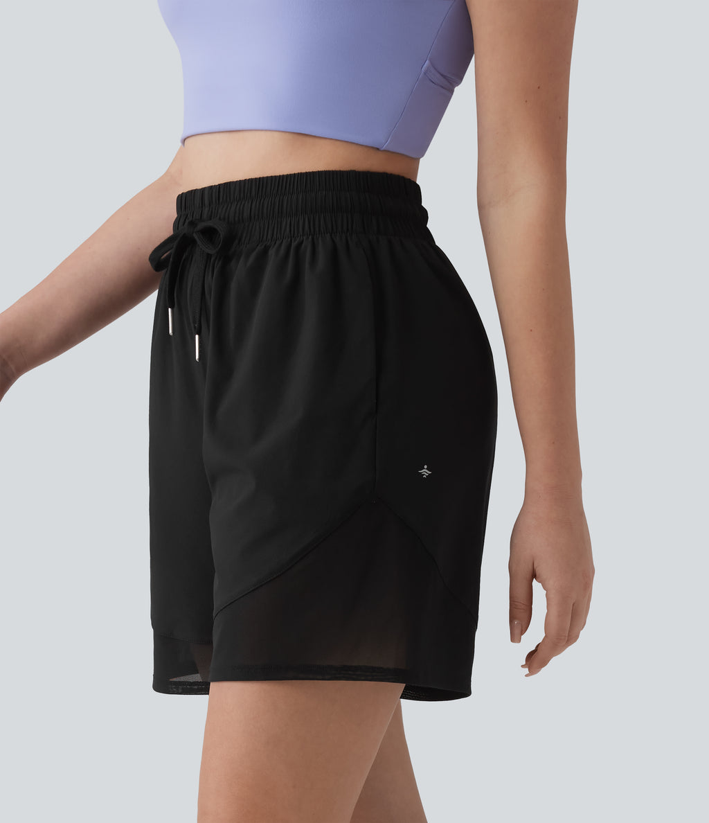 High Waisted Drawstring Contrast Mesh Quick Dry Yoga Baggy Shorts 5'' with Pockets — Black — view 3