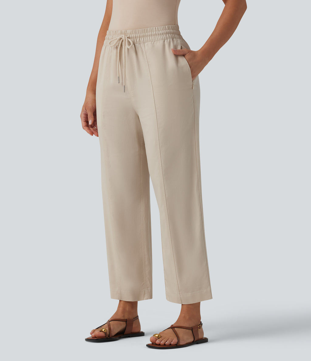 High Waisted Drawstring Tapered Draped Linen Casual Trousers with Pockets — French Oak — view 1