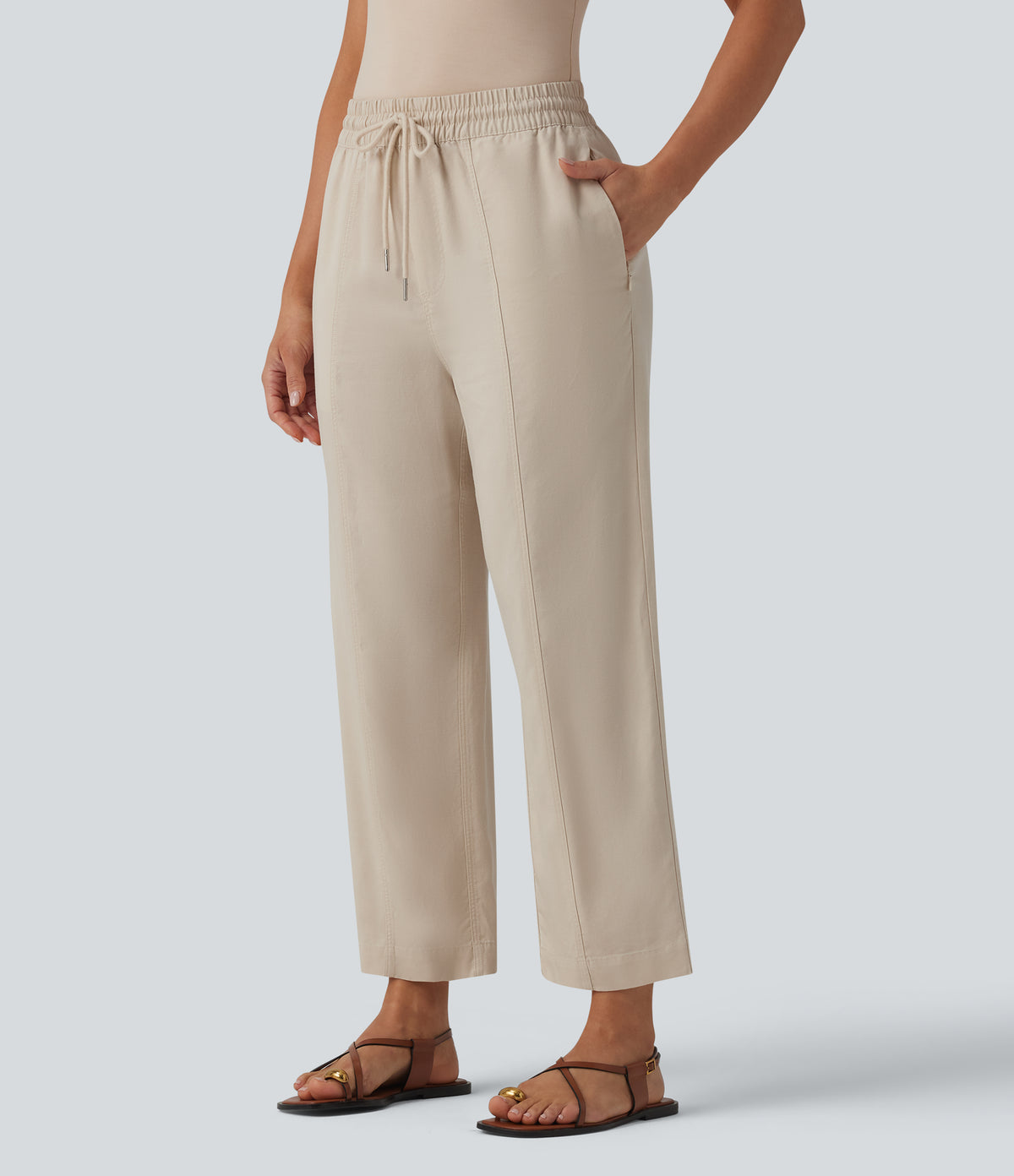 High Waisted Drawstring Tapered Draped Linen Casual Trousers with Pockets — French Oak — view 1