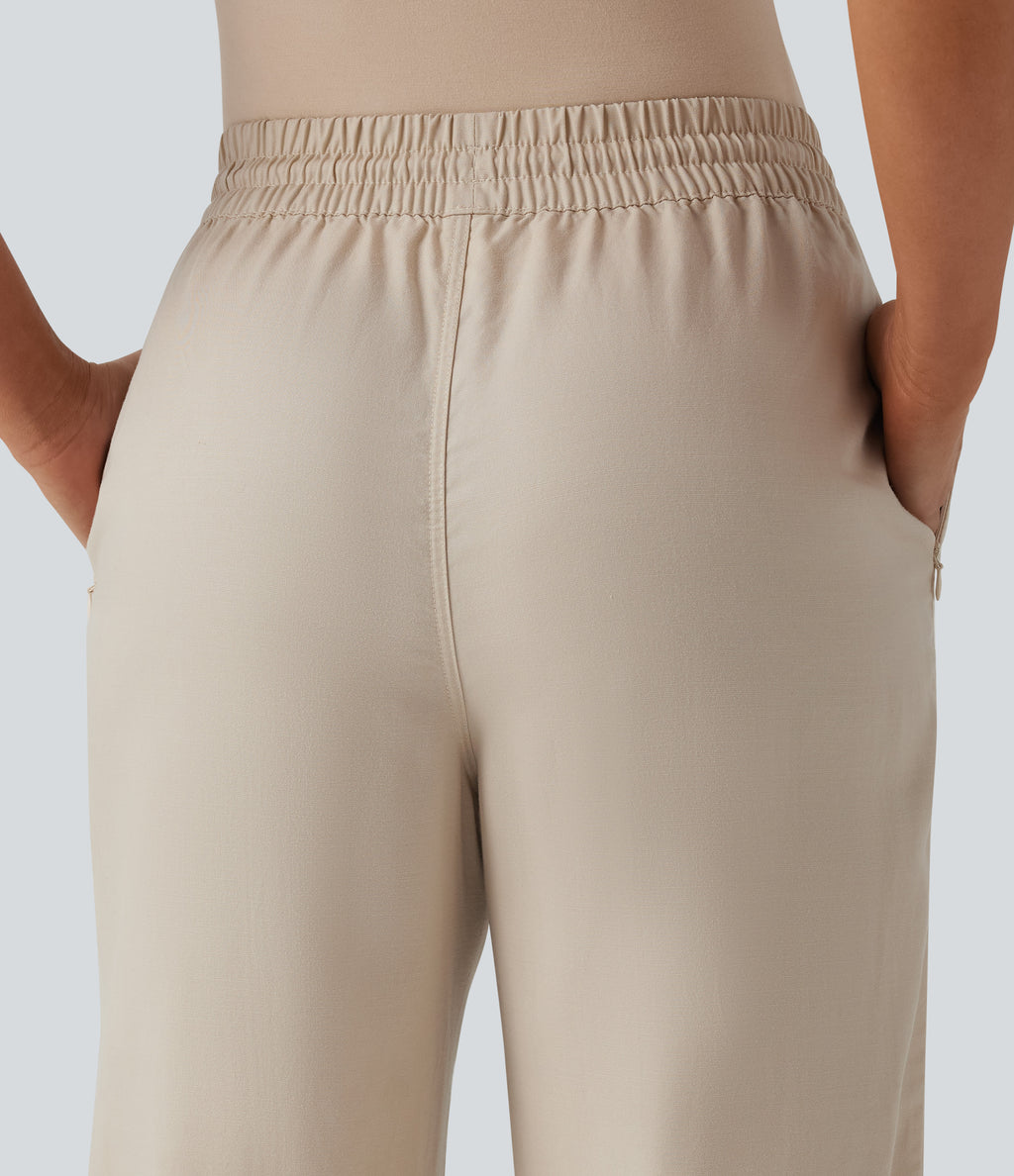 High Waisted Drawstring Tapered Draped Linen Casual Trousers with Pockets — French Oak — view 5